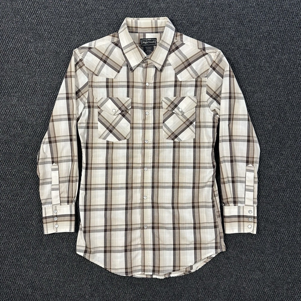 High Noon Men's Western Pearl Snap Shirt Small White Brown Plaid Long Sleeve